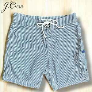 J. Crew Swimwear Seersucker Swim Trunks Blue & Cream Striped Board Shorts | 32